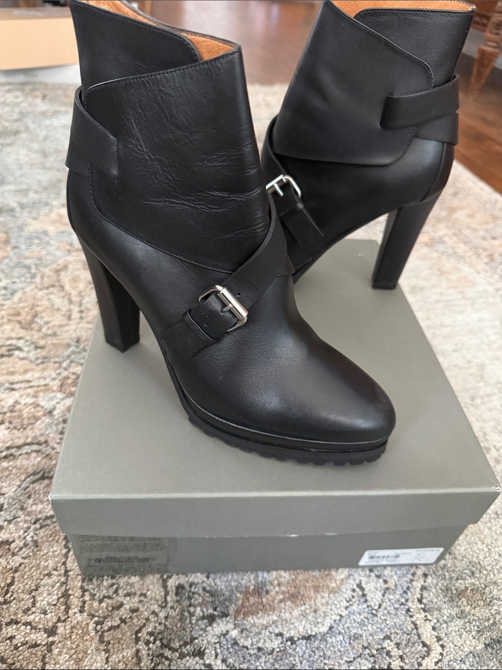 AllSaints Esma Black Leather Buckle High-Heel Ankle Boots